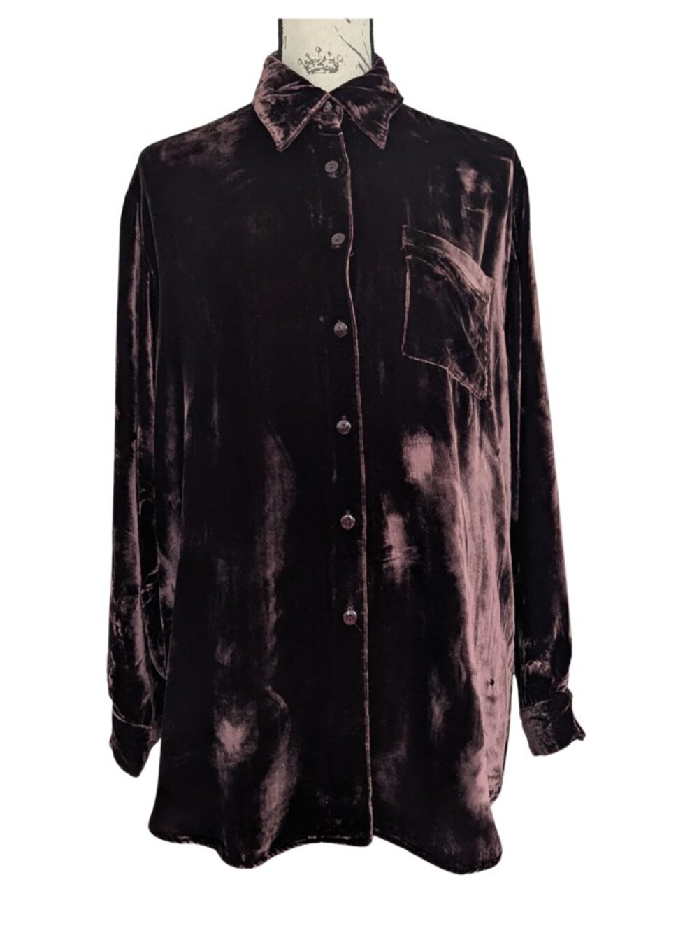Jones & Co Velvet Button-Down Shirt Silk Blend Deep Plum Brown Size M - Picture 2 of 8